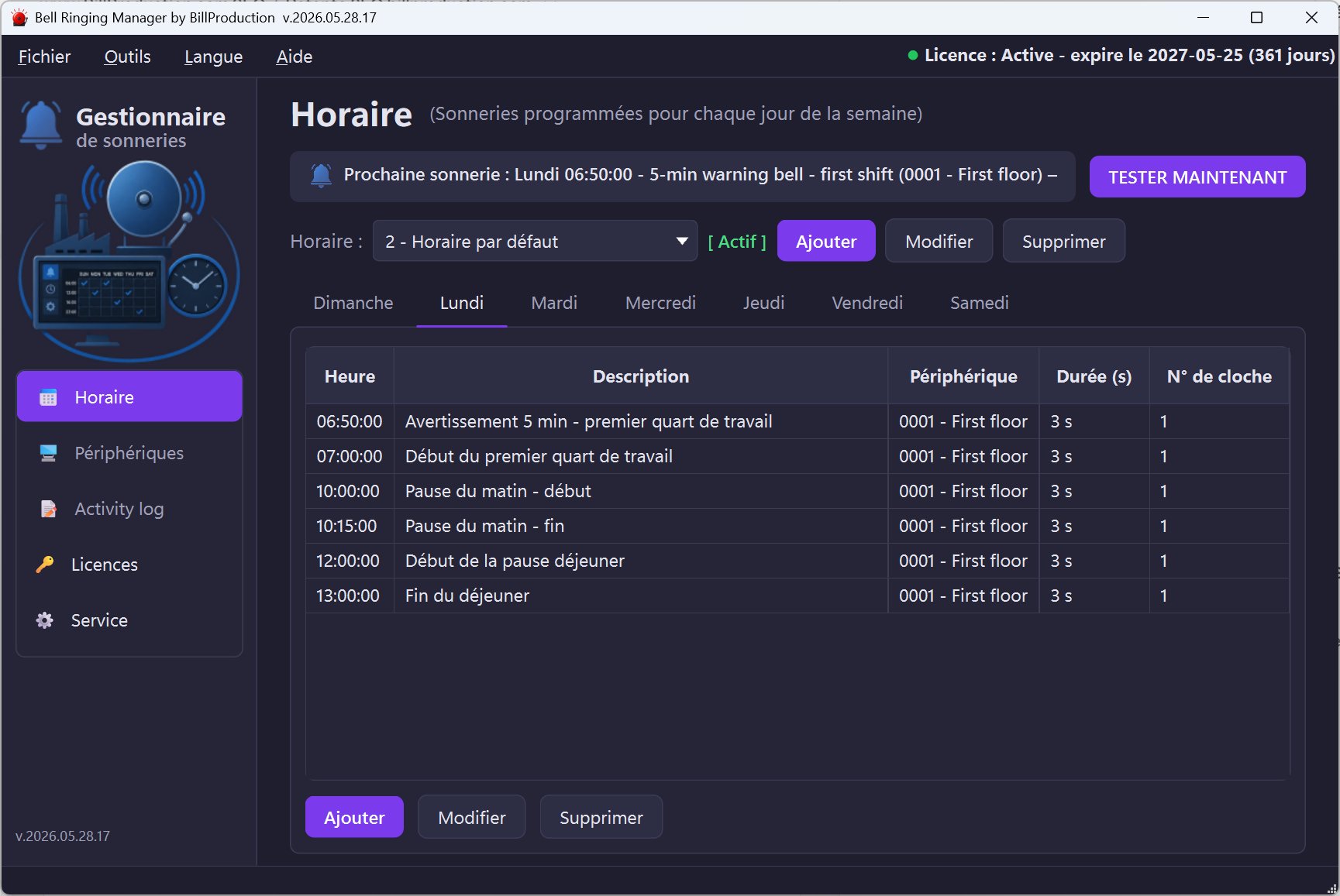 Logiciel BillProduction Gestionnaire de Sonneries avec licence active — vue Lundi avec Avertissement 5 min, Début du premier quart de travail, Pause du matin, Début de la pause déjeuner sur le périphérique 0001 First floor, compte à rebours vers la prochaine sonnerie et bouton Tester maintenant