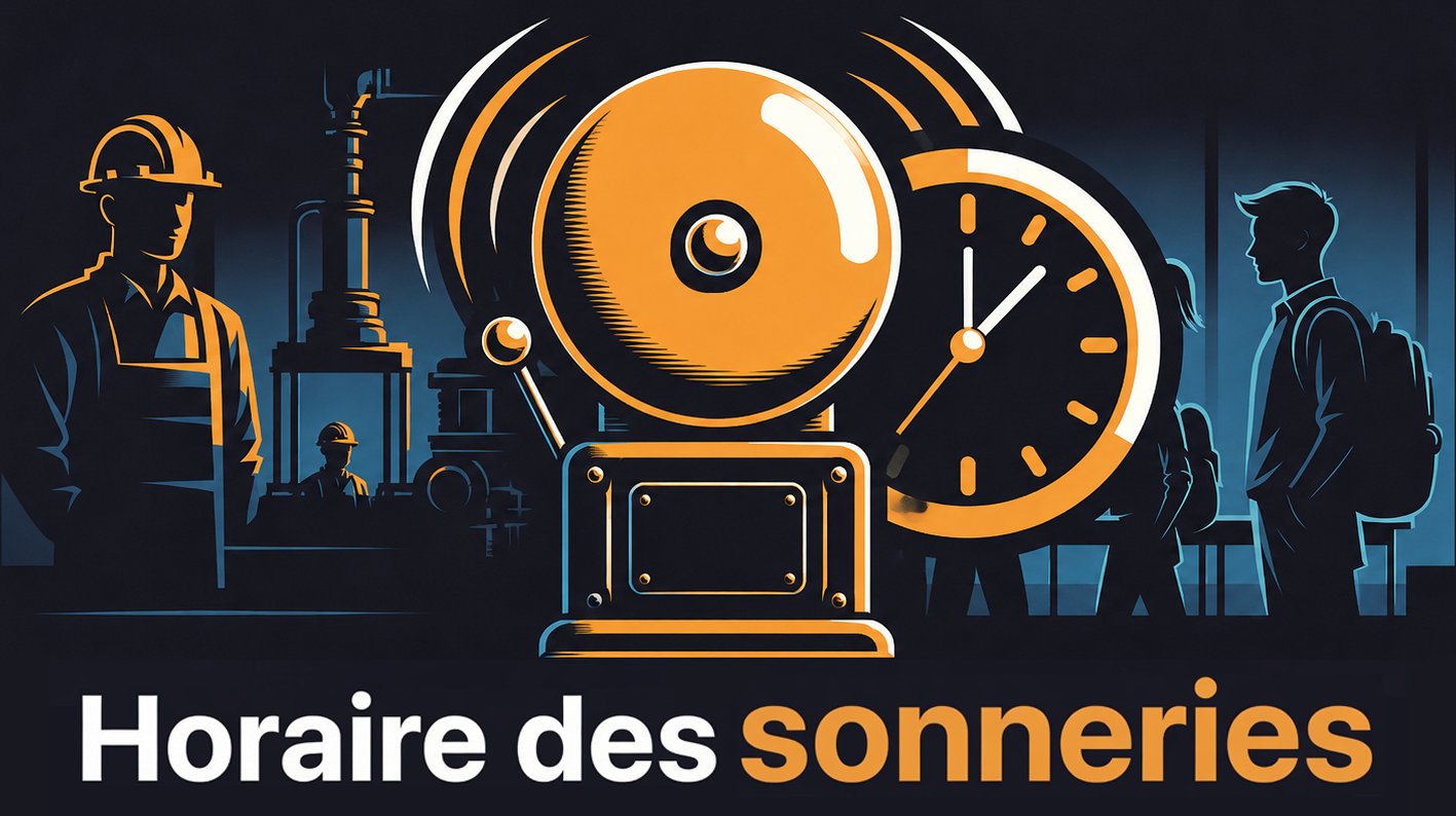 Horaire des sonneries — Logiciel de sonneries d'usine pour Windows : ouvrier d'usine, cloche industrielle, horloge, employés de bureau