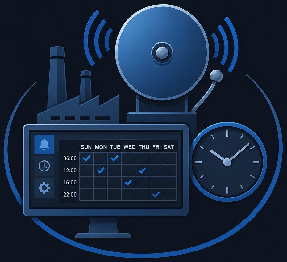 BillProduction Bell Scheduler — factory bell, 7-day schedule on a Windows screen, clock